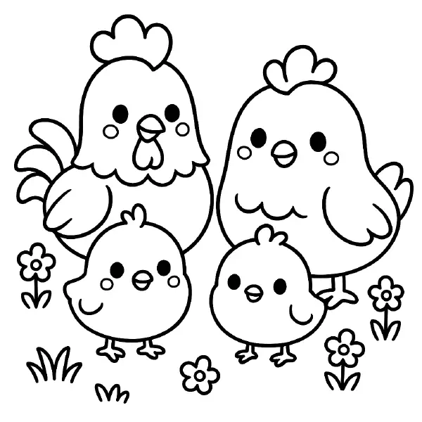 ๐ Chicken Family Coloring Page โ A cheerful chicken family with hens, chicks, and a proud rooster! Simple kawaii lines make it easy and fun for all ages to color. ๐จ๐๏ธ๐ฃ