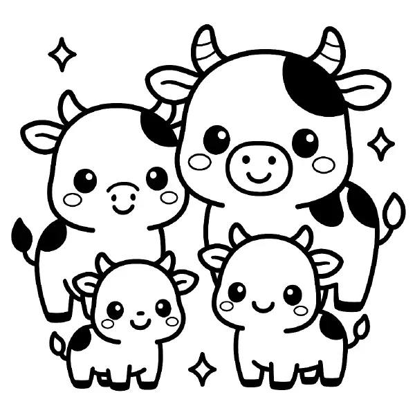 ๐ Cow Family Coloring Page โ A cute cow family featuring a smiling calf and loving parents. This black-and-white coloring page is perfect for farm lovers and little artists! ๐จ๐๏ธ๐ฎ