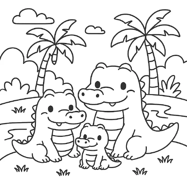 ๐ Crocodile Family Coloring Page โ A lovable crocodile family resting by a tropical river, drawn in cute chibi style with soft curves and happy expressions. Surrounded by palm trees and gentle water, itโs perfect for jungle-themed crafts, animal science units, or playful coloring fun. ๐จ๐๏ธ๐ด