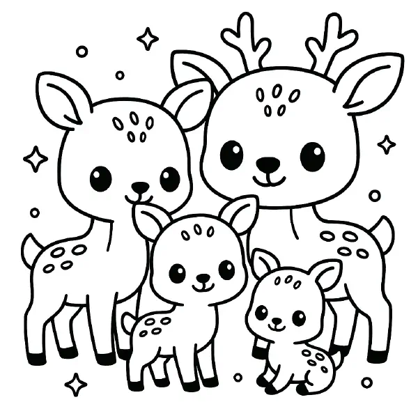 ๐ฆ Deer Family Coloring Page โ A peaceful family of deer drawn in kawaii style, with large eyes and soft expressions. Ideal for nature-themed crafts and forest animal learning moments. ๐จ๐๏ธ๐