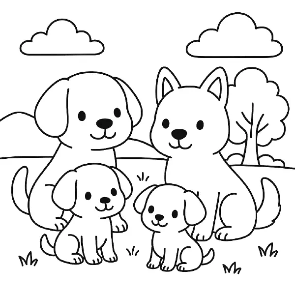 ๐ถ Dog Family Coloring Page โ A cheerful family of four dogs in a cute and friendly kawaii design. With expressive faces and round paws, these pups are surrounded by soft hills and cloudsโgreat for pet lovers, animal care units, or relaxing coloring fun. ๐จ๐พ๐๏ธ