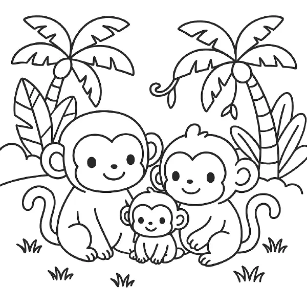 ๐ต Monkey Family Coloring Page โ A joyful monkey family hanging out in a leafy jungle, drawn with cute round faces and playful charm. Surrounded by palm trees and vines, this coloring page is great for rainforest studies, zoo themes, or fun at-home creativity. ๐จ๐๐๏ธ