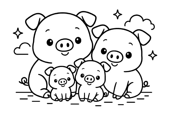 ๐ท Pig Family Coloring Page โ An adorable pig family in a farm-inspired kawaii style, featuring cheerful piglets and friendly parents. Great for creative fun and farm animal education. ๐จ๐๏ธ๐ฝ