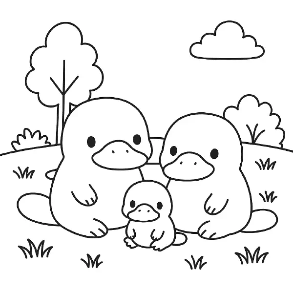 Platypus Family Coloring Page โ A rare and sweet platypus family relaxing in the grassy wild, illustrated in minimal kawaii style. Their rounded beaks and cuddly shapes make this perfect for learning about unique animals or coloring with a smile. ๐จ๐๏ธ๐ฑ