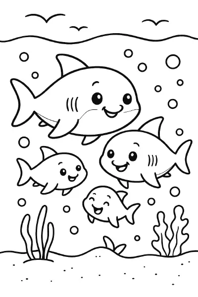 ๐ฆ Shark Family Coloring Page โ A playful underwater shark family in chibi form, swimming in a bubbly sea scene. Ideal for ocean-themed crafts and coloring adventures. ๐จ๐๏ธ๐