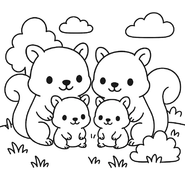 ๐ฟ๏ธ Squirrel Family Coloring Page โ An adorable squirrel family sitting close in a simple forest setting. With fluffy tails and curious faces, this kawaii-style coloring page is great for autumn crafts, woodland units, or cozy indoor coloring time. ๐จ๐๐๏ธ