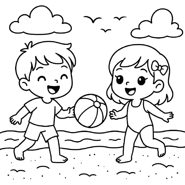 π Beach Ball Game Coloring Page β Two kids tossing a beach ball in the sandβdrawn in happy chibi style for playful, summery coloring. π¨ποΈβ½