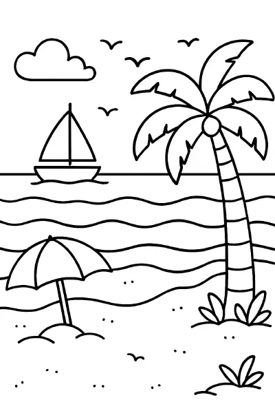 ποΈ Beach Scene Coloring Page β A relaxing kawaii-style beach with waves, a boat on the water, and birds in the sky. Bold black outlines make it fun and easy for kids to print and color. π¨ποΈπ