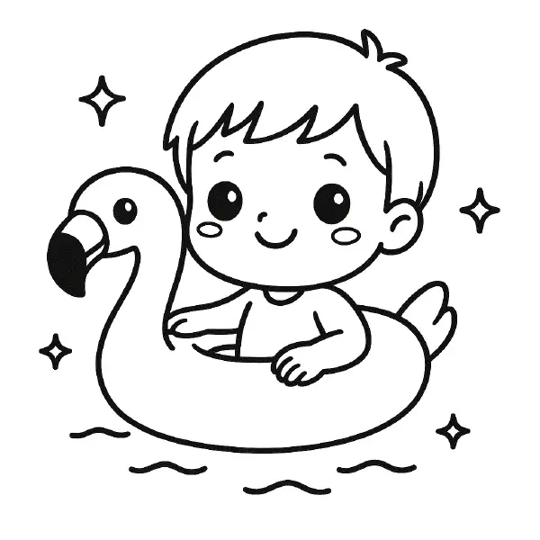 𦩠Boy with Flamingo Float Coloring Page β A happy boy in a flamingo float enjoying the beach, drawn in a cute chibi style with clean black lines, ideal for summer fun.