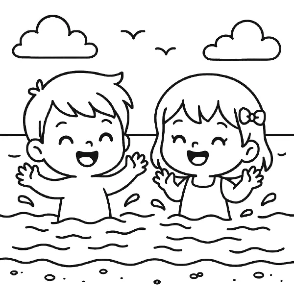 π Kids Swimming in the Sea Coloring Page β A pair of children enjoying a swim in the waves, illustrated in a happy, safe, and sunny style to inspire seaside adventures.