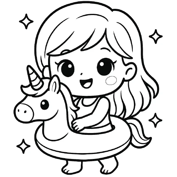 π¦ Girl with Unicorn Float Coloring Page β A playful girl floating in a unicorn-shaped buoy, perfect for sparking imagination and beach-day coloring creativity.