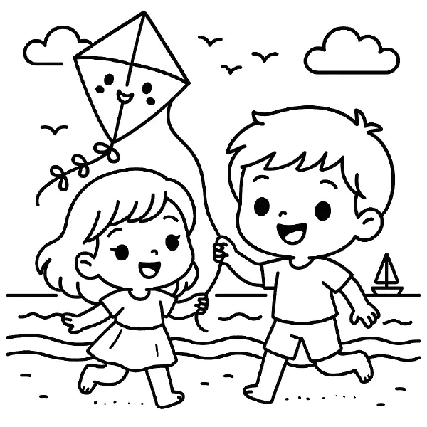 πͺ Kite Flying at the Beach Coloring Page β A boy and a girl flying a kite together by the sea, captured in a fun and friendly chibi style for joyful coloring moments.