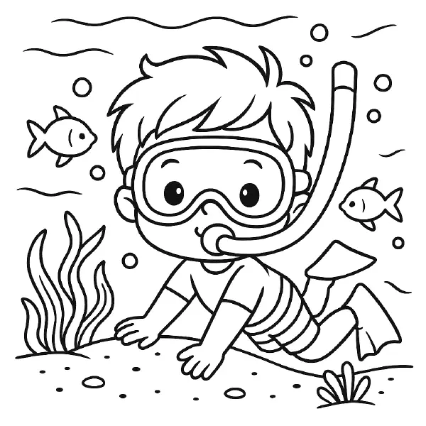 π€Ώ Underwater Kid Coloring Page β A child with goggles watching colorful fish underwater. A delightful ocean discovery in bold kawaii lines! π¨ποΈπ