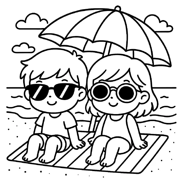 π Kids Under Beach Umbrella Coloring Page β Two kids lounging on a towel under a parasol with sunglasses on, perfect for relaxed, summer-themed coloring.