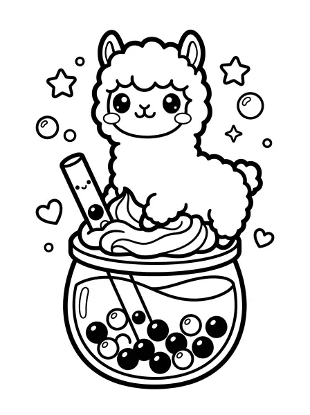 🧋 Alpaca Boba Coloring Page - Isn't this alpaca the cutest? It's sitting on top of a boba tea with fluffy whipped cream, drawn with bold black outlines and simple shapes for easy coloring! Perfect for a tasty coloring session or a sweet-themed party, and it’s easy to print too! 💖