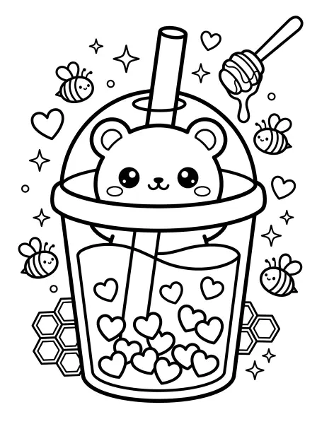 🍯Bear Boba Coloring Page—This adorable bear is peeking out from a yummy honey-flavored boba drink, complete with heart-shaped pearls! With its big, shiny eyes and a sweet smile, this page is filled with kawaii cuteness, and it's drawn with bold black outlines and simple shapes for easy printing and coloring. Perfect for a sweet treat of art fun! 💖