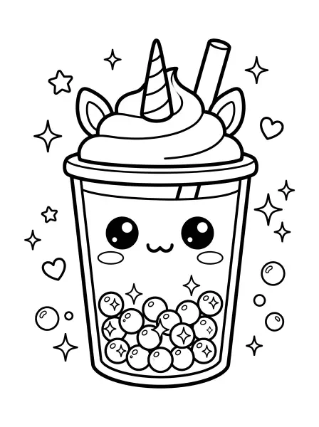 ✨Unicorn Boba Cup Coloring Page—This super cute boba tea has a magical unicorn twist! It’s drawn with bold black outlines and simple shapes, making it super easy to print and colour. The cup is filled with delicious boba pearls with stars inside them, topped with a unicorn horn and ears, and has big, happy kawaii eyes and mouth— perfect for a fun colouring activity! 🦄