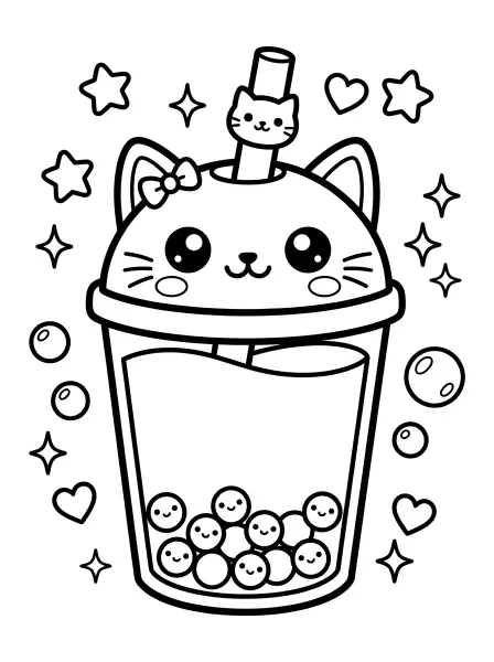 🐱 Cat Boba Tea Coloring Page—This purr-fectly sweet boba tea is shaped like a kawaii cat with big, round eyes and a cute bow! With bold black outlines and simple shapes, it's super easy to print and color, perfect for a delicious afternoon activity! Don't forget to color the little kitty straw and all those happy boba balls! 🍵✨
