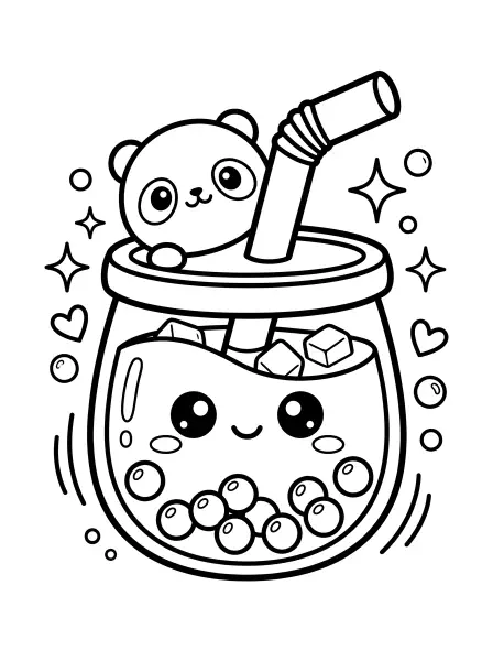 🐼 Boba Tea Coloring Page—Say hello to this sweet boba tea with a friendly face and big kawaii eyes! A cute panda friend is peeking out of the straw, ready for a colourful adventure. With bold black outlines and simple shapes, this easy-to-print page is perfect for a yummy and creative time 🌸