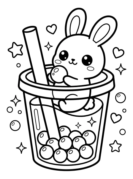🐰Bunny Boba Coloring Page—Check out this super-cute bunny having a sip of his favorite boba tea! This kawaii drawing features big eyes, a sweet smile, and it’s got a fun straw to drink the tasty tapioca pearls. It’s all drawn with bold black outlines and simple shapes, so it's super easy to print and colour! Have fun creating a colorful boba treat. 🥤