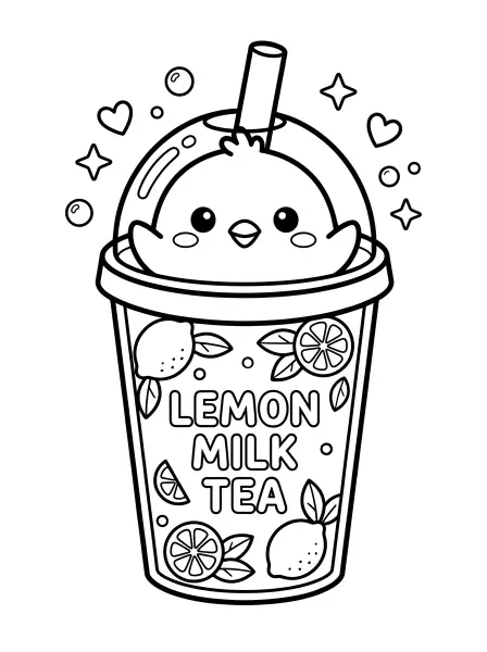 🍋 Chick Lemon Milk Tea Coloring Page – This adorable chick is popping out of a cup of yummy lemon milk tea! It's drawn in a kawaii style with big, sweet eyes and a happy little beak, all with bold black outlines and simple shapes that are easy to color. Print it out and add your favorite colors for some sweet, creative fun! 🌟