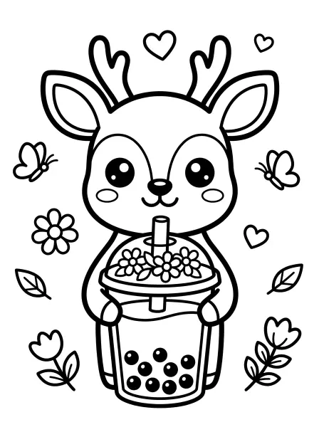 🌸 Baby Deer Coloring Page - Look at this sweet baby deer with big, sparkly eyes, holding a flower boba tea! Drawn with bold, simple lines, it's super easy to print and colour. This kawaii illustration is perfect for springtime fun or a cute classroom activity! 🦌