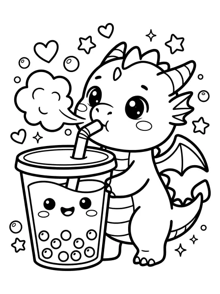 🐉 Dragon Boba Coloring Page - This super-cute baby dragon is blowing steam into a delicious cup of boba! With big, happy eyes and a friendly expression, he’s sure to warm your heart. The illustration features bold black outlines and simple shapes, making it easy to print and color for hours of fun. The Boba has a cute face, too! Great for classroom activities or a cozy afternoon craft! 🧋