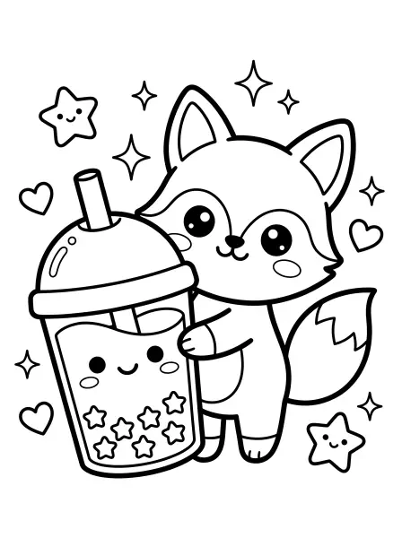 🦊 Fox Coloring Page—Meet this super cute fox with big, sparkly eyes, hugging a delicious jumbo boba cup filled with star-shaped tapioca! This kawaii illustration features bold black outlines and simple shapes, making it extra easy to print and color—the perfect afternoon activity for your little ones to get creative! 💖⭐