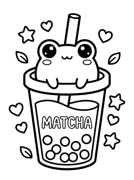 🍵Froggy Boba Coloring Page—Look at this adorable froggy friend having a sweet treat! Drawn with bold black outlines and simple shapes, this cute illustration shows a smiling frog popping out of a matcha boba cup with big, kawaii eyes. This page is easy to print and colour, perfect for a fun afternoon activity! 🐸