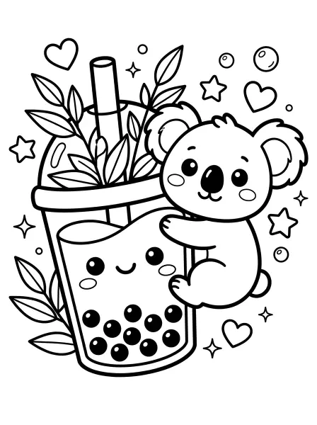 🐨 Koala Coloring Page - This adorable koala is snuggling up to a delicious boba drink that's just as happy, complete with a cute little smile! Drawn with big, round eyes and bold black outlines over simple shapes, this page is perfect for easy printing and fun coloring activities. Imagine all the tasty colors you can use! 🧋✨