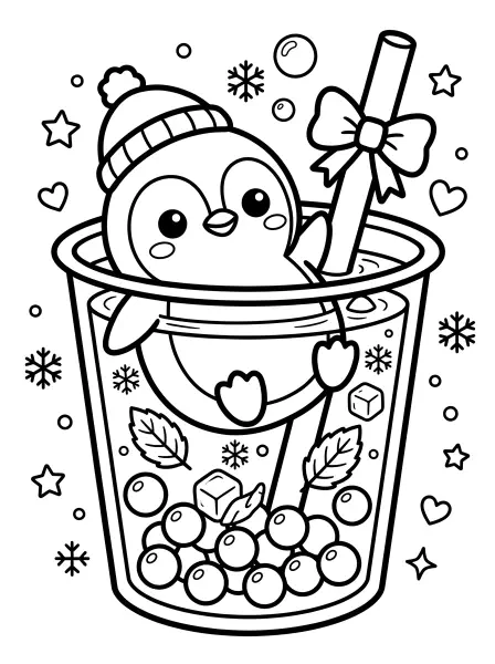 ❄️ Penguin Coloring Page - Brrr! It's a sweet little penguin chilling inside a winter-mint boba tea, all drawn with bold black outlines and simple shapes for easy coloring! This kawaii penguin has big, adorable eyes and a cute beanie, ready for a yummy, minty adventure. Easy to print and super fun to color for winter crafts and sweet treat fun! 🐧