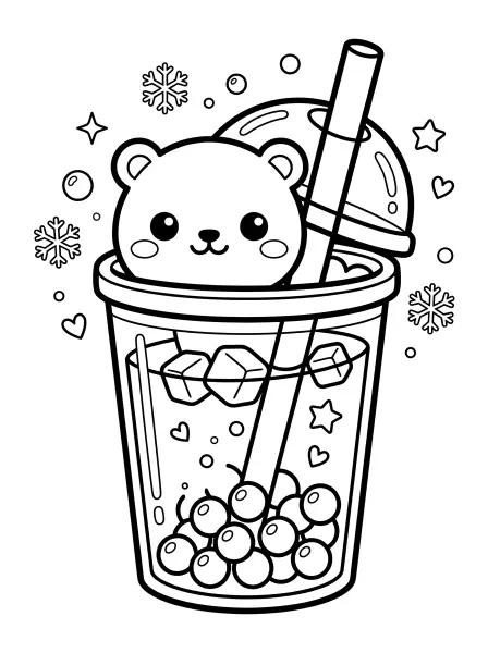 ❄️ Polar Bear Coloring Page—This cute polar bear is peeking out from a yummy vanilla boba drink! 🥤 With bold black outlines and simple shapes, it's super easy to print and color, perfect for winter fun! You can use it for seasonal crafts or a sweet treat-themed activity. Get your crayons ready for a bear-y special coloring adventure! 🐻