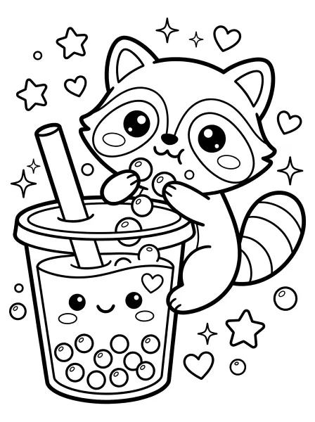 🦝 Raccoon Coloring Page - Get ready to color this sweet little raccoon, who is helping himself to some tapioca pearls from a bubble tea! This super cute page is drawn with bold black outlines and simple shapes that make it easy for printing and colouring. Look at his big eyes and friendly expression—it's a kawaii snack time adventure! 🧋