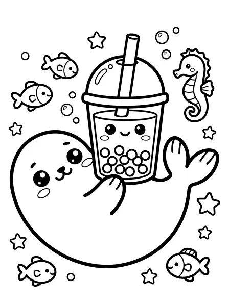 🌊 Seal Coloring Page - This adorable seal is balancing a delicious bubble tea on its tummy! It's drawn with big, happy eyes and chunky outlines, making it super easy and fun to color. Perfect for ocean lovers and sweet treat fans, this kawaii page is ready to print for a splash of artistic fun! 🧋