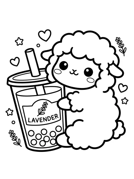 🌸 Sheep Coloring Page—How cute is this kawaii sheep cuddling its delicious lavender boba drink? The fluffy wool and big, happy eyes are drawn with bold, simple outlines that are perfect for little artists. This easy-to-print page is perfect for a calming activity 🌸.