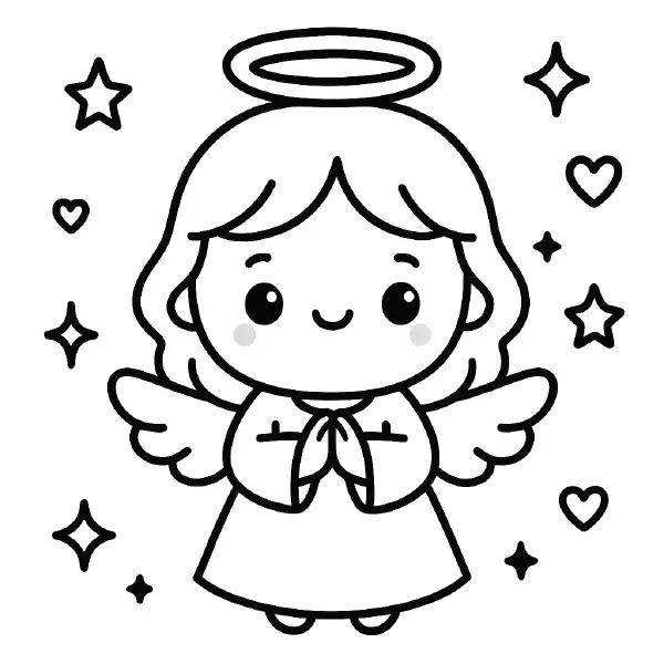 ✨ Christmas Angel Coloring Page — A sweet kawaii angel with tiny wings, a shiny halo, and a big smiling face with bright eyes, surrounded by twinkling stars and hearts. Drawn with bold black outlines and simple shapes, this page is easy to print and color—perfect for holiday crafts, classroom fun, or making cheerful Christmas cards. ✨