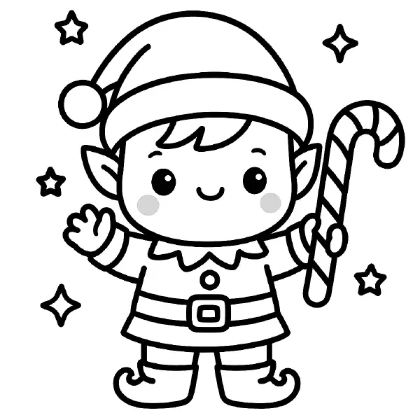 🎄 Baby Elf with Candy Cane Coloring Page — A sweet, smiling baby elf with big kawaii eyes waves hello while holding a striped candy cane, wearing a pom‑pom hat, belt, striped outfit, and curly‑toed shoes with twinkling stars around. Drawn with bold black outlines and simple shapes, this festive page is easy to print and colour—perfect for holiday crafts and classroom fun! 🍭
