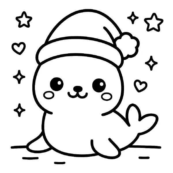 ❄️ Baby Seal with Santa Hat Coloring Page — A sweet, smiling baby seal with big kawaii eyes and rosy cheeks wears a fluffy Santa hat, surrounded by little stars and hearts. Drawn with bold black outlines and simple shapes, this page is easy to print and color—perfect for holiday crafts and classroom cheer! 🎄