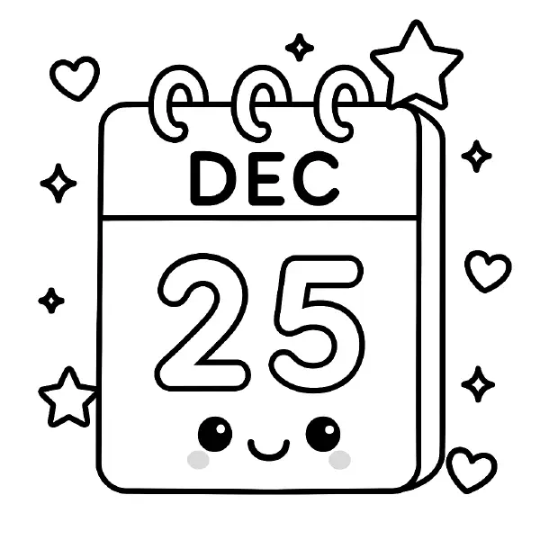🎄 December 25 Calendar Coloring Page — A cute, smiling calendar with big kawaii eyes and rosy cheeks shows “DEC 25” in chunky numbers, surrounded by stars and hearts. Drawn with bold black outlines and simple shapes, with fun spiral rings on top—easy to print and color for holiday countdown fun, festive crafts, or classroom activities. ❄️