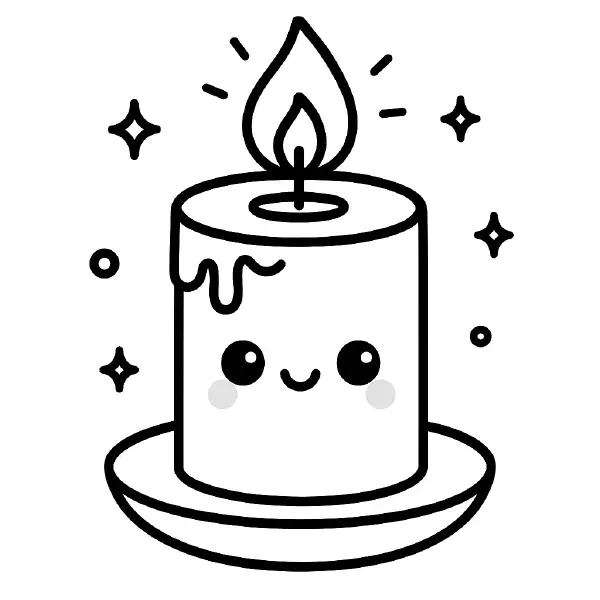 🕯️ Cute Candle Coloring Page — A chubby kawaii candle with big happy eyes smiles on a little dish, its gentle flame glowing with twinkles all around. Drawn with bold black outlines and simple shapes, with drippy wax details, it’s easy to print and color. Perfect for cozy winter crafts or calming classroom activities! ✨