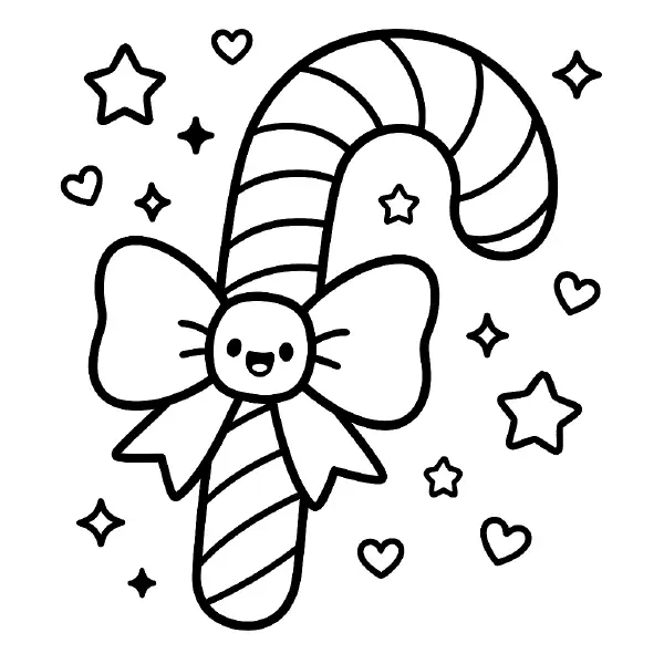 🍬 Candy Cane Coloring Page — A laughing, kawaii candy cane with big shiny eyes and a cheerful smile, wearing a cute bow and surrounded by happy stars and hearts. Drawn with bold black outlines and simple shapes, this festive page is easy to print and color—perfect for holiday crafts, classroom fun, or cheerful gift tags. 🎄