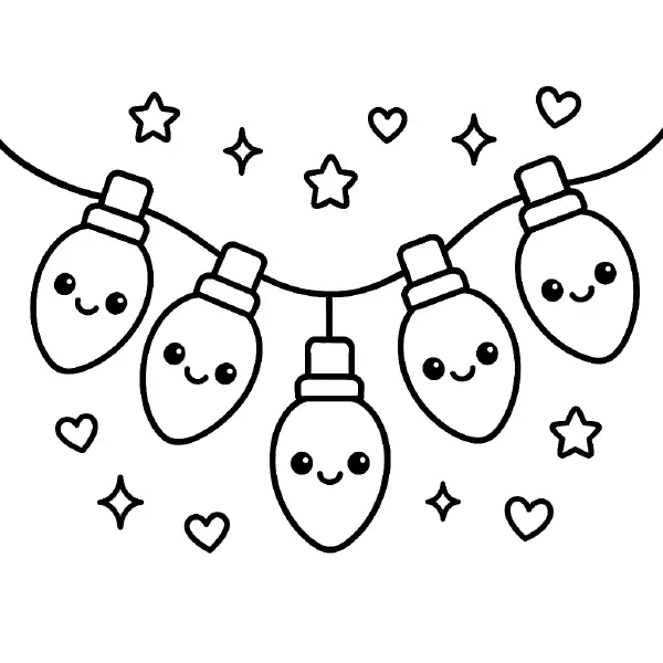 🎄 Christmas Lights String Coloring Page — A row of kawaii holiday bulbs with big eyes and happy smiles dangle on a cheerful garland, sprinkled with tiny hearts and stars. Drawn with bold black outlines and simple shapes, it’s easy to print and color—perfect for seasonal crafts and classroom fun! ✨