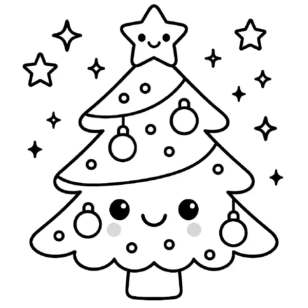 🎄 Christmas Tree Coloring Page - A kawaii Christmas tree with big sparkling eyes, rosy cheeks, and a happy smile, topped with a cute star and surrounded by twinkling stars. Decorated with round ornaments and dotted baubles, it’s drawn with bold black outlines and simple shapes, making it easy to print and color. Perfect for holiday crafts, classroom fun, or festive cards! ⭐
