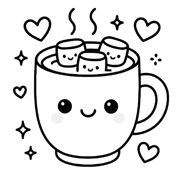 ☕️ Hot Cocoa Cup Coloring Page — A smiling mug of hot chocolate with big kawaii eyes and three cheerful marshmallows, surrounded by hearts and sparkles. Drawn with bold black outlines and simple shapes for easy printing and coloring, this cozy scene with steam swirls and a cute handle is perfect for winter crafts or classroom snow‑day fun! ❄️