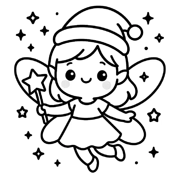 🎄 Christmas Fairy Coloring Page — A kawaii, smiling fairy with big eyes, rosy cheeks, sparkly wings, and a star wand, wearing a cozy Santa hat, all drawn with bold black outlines and simple shapes. Easy to print and color—perfect for holiday crafts and cheerful classroom activities. ✨