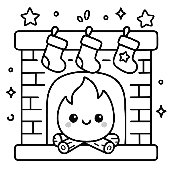 🎄 Jolly Fireplace Coloring Page — A cozy kawaii fireplace with a friendly, smiling flame and big bright eyes warms the scene, while three cute stockings (one with a star) hang above; drawn with bold black outlines and simple shapes, it’s easy to print and color. Perfect for holiday crafts and winter classroom fun! ❄️