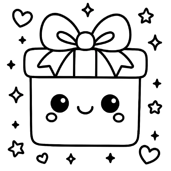 🎁 Gift Box Coloring Page — A cheerful kawaii present with big sparkling eyes, a sweet smile, and rosy cheeks wears a giant bow and ribbon, surrounded by cute hearts and stars, all drawn with bold black outlines and simple shapes. Easy to print and color—perfect for birthday crafts, holiday surprises, or classroom fun! ✨