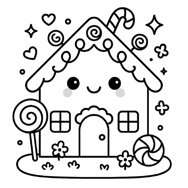 🍭 Gingerbread House Coloring Page — A happy, kawaii gingerbread cottage with big, sparkling eyes and a friendly smile, topped with icing swirls, a candy-cane chimney, and cute lollipop and peppermint decorations. Drawn with bold black outlines and simple shapes, this page is easy to print and color—perfect for holiday crafts, classroom fun, or cozy winter afternoons! 🍬