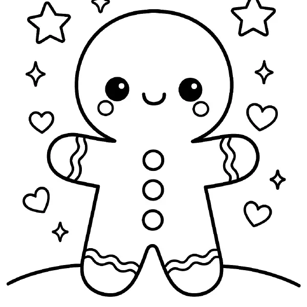 🍪 Gingerbread Man Coloring Page — A super cute cookie friend with big shining eyes, a happy smile, and rosy cheeks! He has frosting buttons, wavy icing cuffs and boots, and is surrounded by sweet hearts and stars. Drawn with bold black outlines and simple shapes, this page is easy to print and color—perfect for holiday crafts, winter fun, or classroom activities. ⭐️