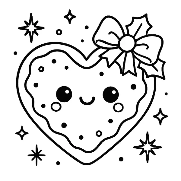 🎄 Christmas Heart Cookie Coloring Page — A kawaii heart-shaped cookie with big, sparkly eyes and a sweet smile, topped with a festive bow and holly, with sprinkles and twinkly stars all around. Drawn with bold black outlines and simple shapes, it’s easy to print and color for holiday crafts, classroom fun, or homemade cards. 🍪